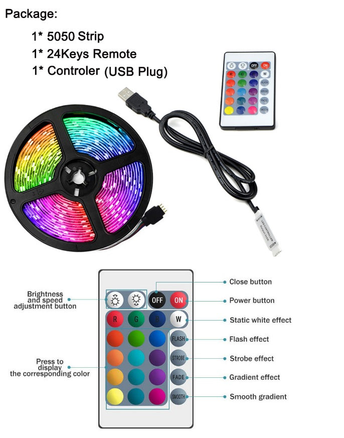 LED Strip Lights 5050 RGB Light Colour Changing Tape Cabinet TV USB Remote Xmas Kitchen