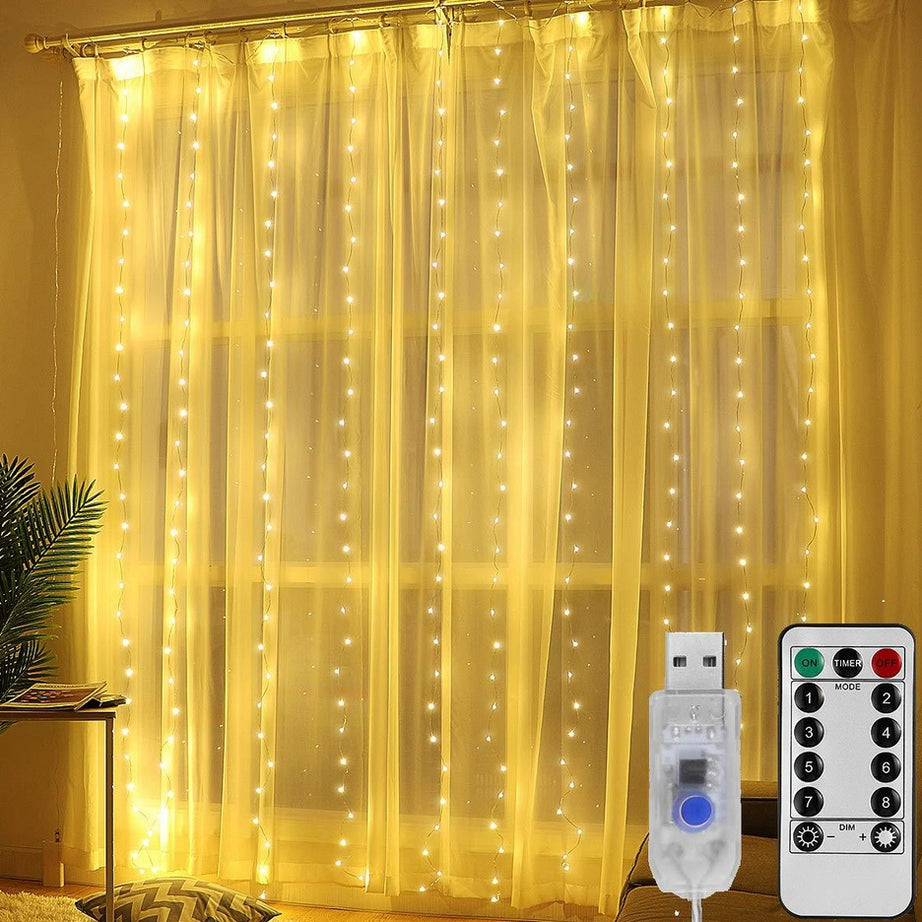 USB LED Window Curtain Fairy String Lights Remote Copper Wire Warm White Width 3M (300cm) XMAS