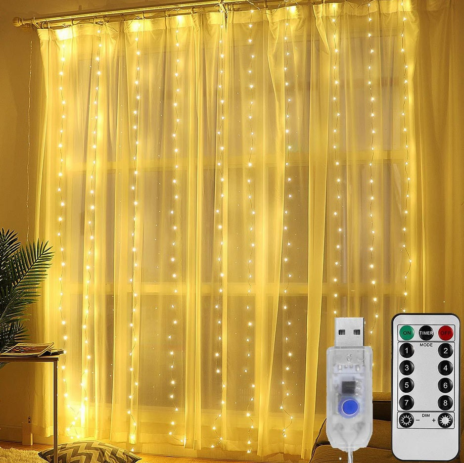 USB LED Window Curtain Fairy String Lights Remote Copper Wire Warm White Width 3M (300cm) XMAS