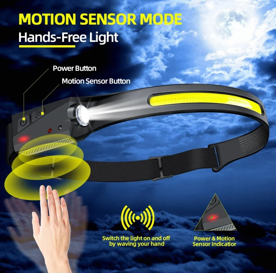 LED Head Torch Rechargeable Waterproof COB Headlamp Motion Sensor Headlight