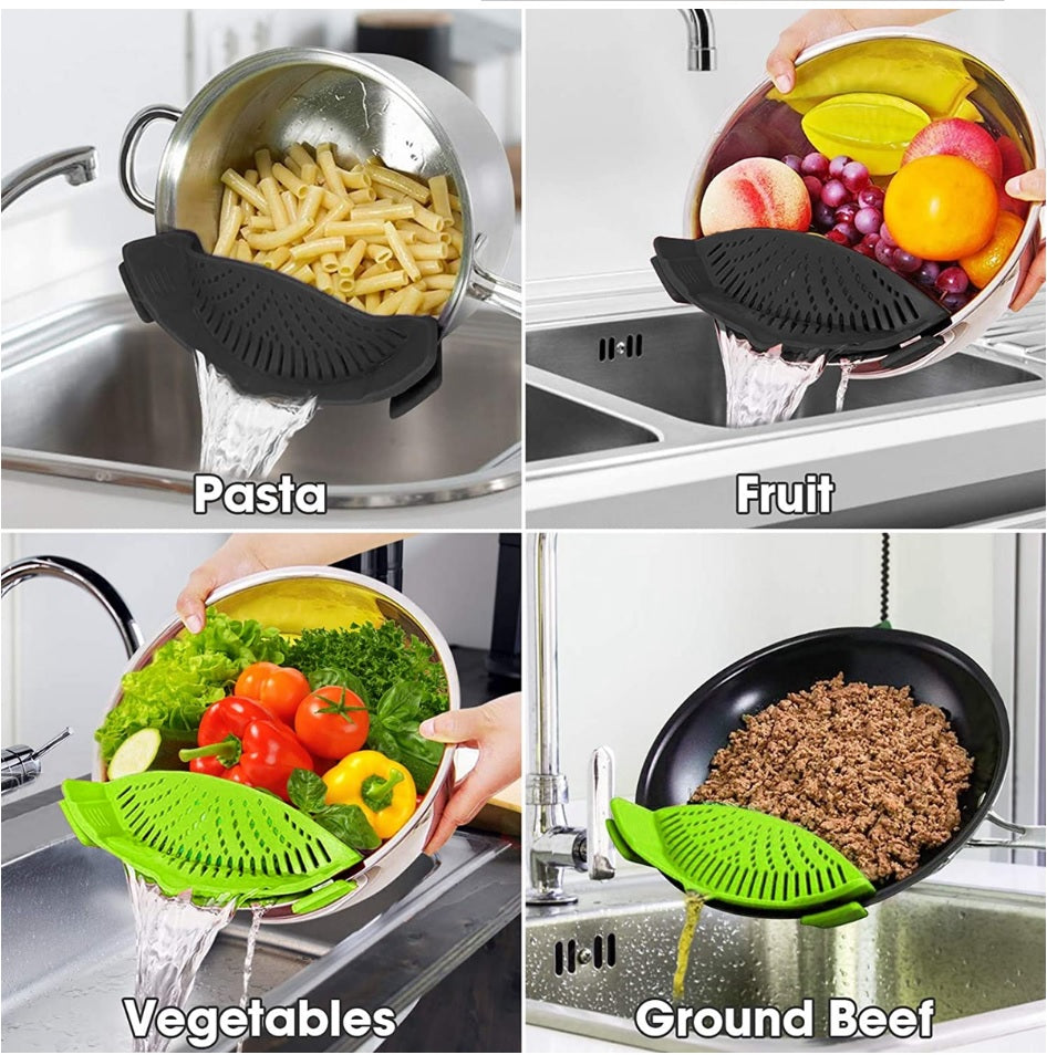 Strainer Pan Silicone Clip on Pot Drainer Fruit Colander Food Filter Kitchen UK