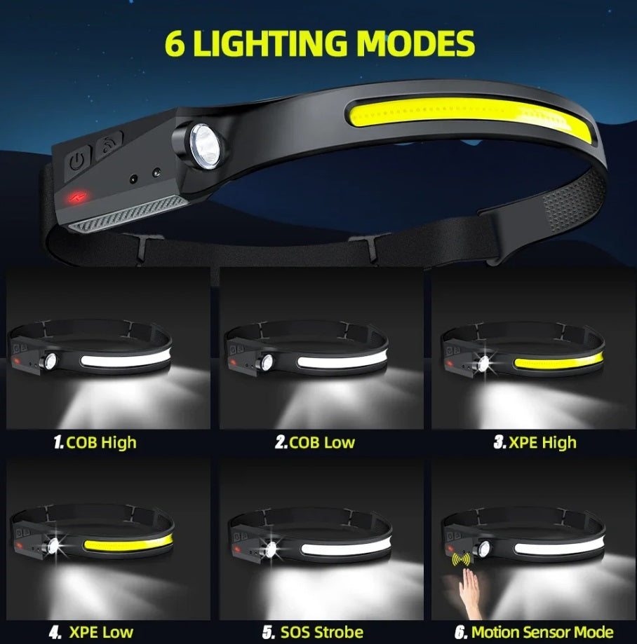LED Head Torch Rechargeable Waterproof COB Headlamp Motion Sensor Headlight