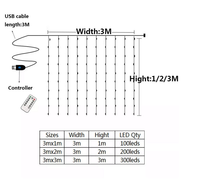 USB LED Window Curtain Fairy String Lights Remote Copper Wire Warm White Width 3M (300cm) XMAS