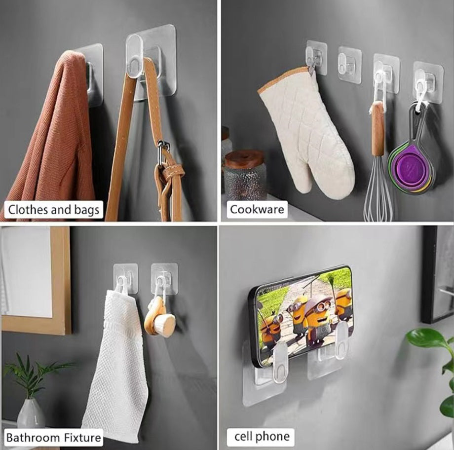 10 Hooks Transparent Strong Self Adhesive Door Wall Hangers Sticky Seamless Heavy Duty