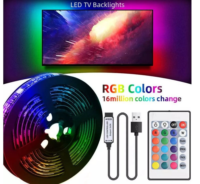 LED Strip Lights 5050 RGB Light Colour Changing Tape Cabinet TV USB Remote Xmas Kitchen