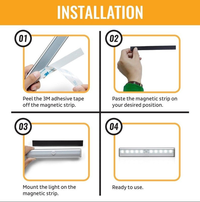 Battery 10LED PIR Motion Sensor Light Strip Cabinet Closet Lamp Sensor Wardrobe