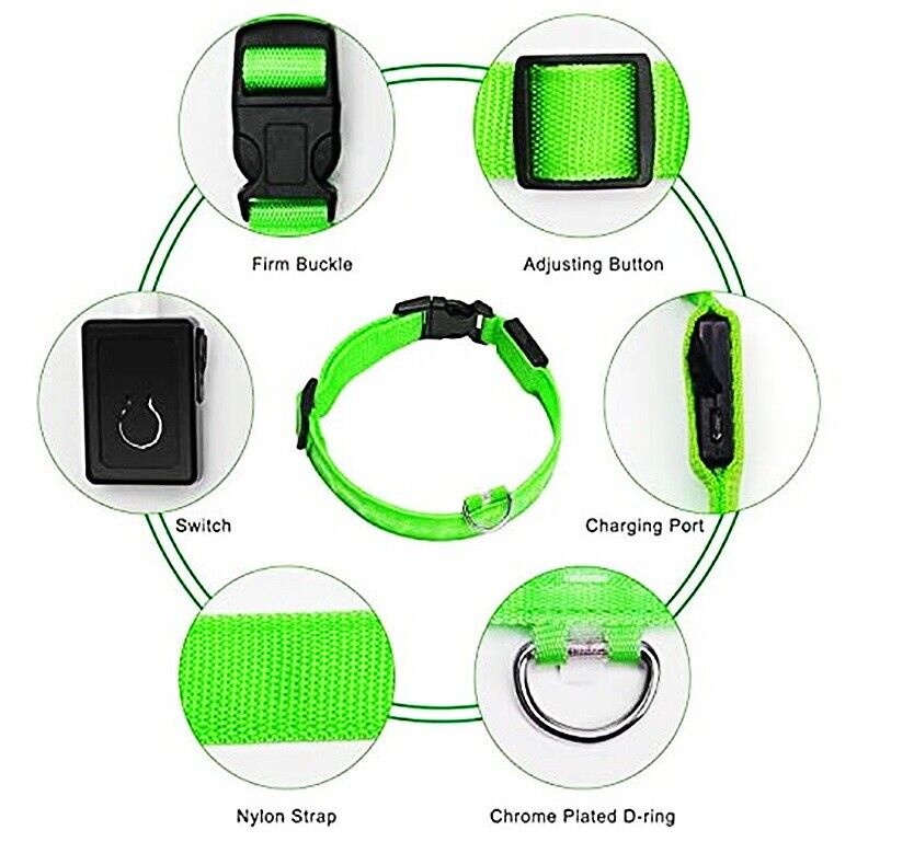 Pet Dog LED Collar Adjustable USB Rechargeable  Flashing Luminous Safe Night UK