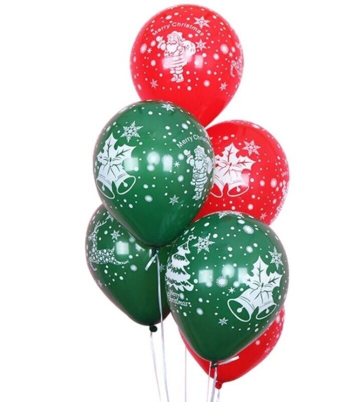 Merry Christmas Balloons x 10 Helium 12” Xmas Red Green Party Decoration Deer UK