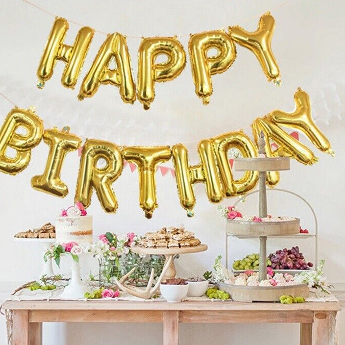 HAPPY BIRTHDAY BALLOONS GOLD SELF INFLATING BANNER BUNTING PARTY DECORATION FUN
