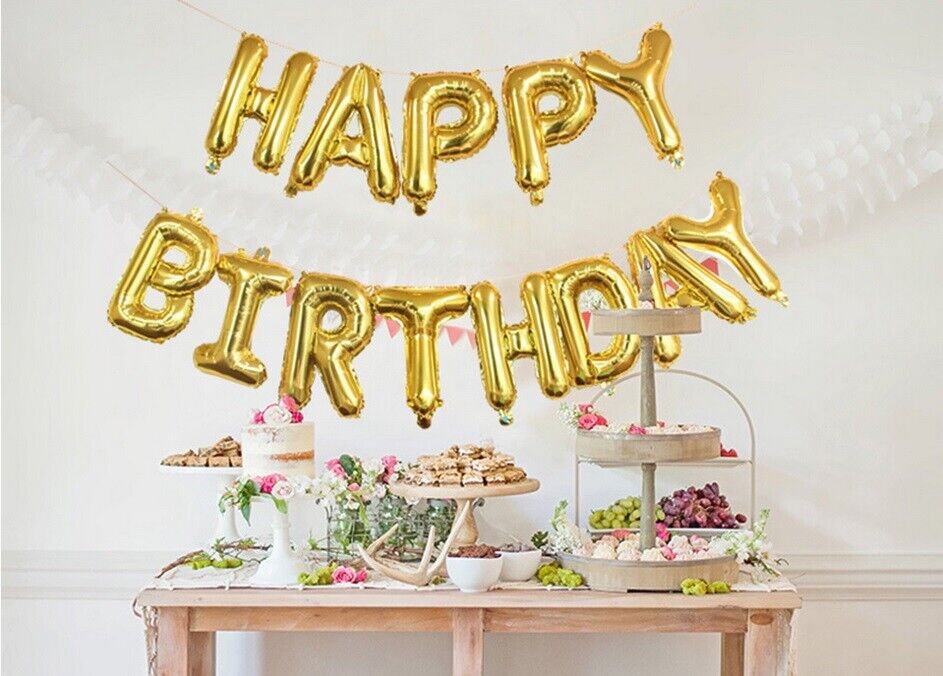 HAPPY BIRTHDAY BALLOONS GOLD SELF INFLATING BANNER BUNTING PARTY DECORATION FUN