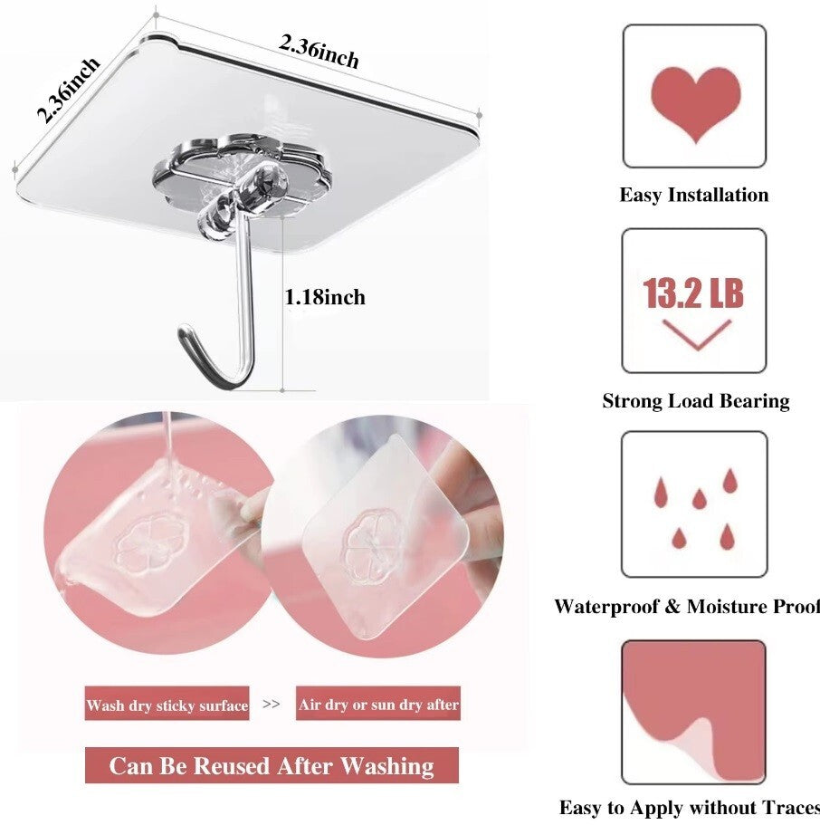 1-20 Hooks Self Adhesive Strong Sticky Heavy Duty Wall Seamless Transparent Hook