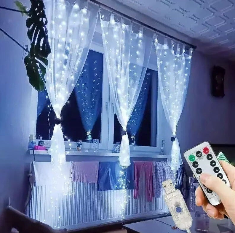 300 LED USB Window Curtain Fairy Lights Remote Wire Cold White Wedding Xmas New