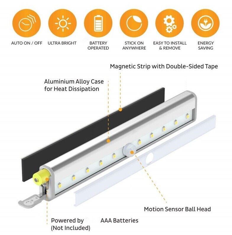 Battery 10LED PIR Motion Sensor Light Strip Cabinet Closet Lamp Sensor Wardrobe