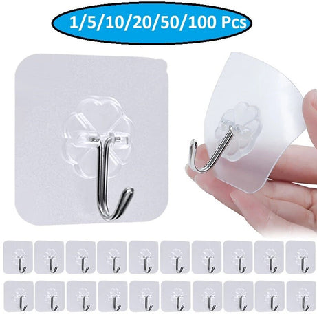 1-100 Coat Hooks Adhesive Strong Sticky Heavy Duty Wall Seamless Transparent