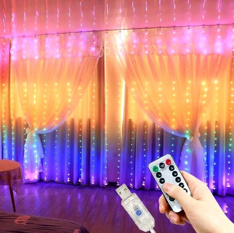 USB LED Window Curtain Fairy String Garden Lights Remote Copper Wire 3M XMAS UK