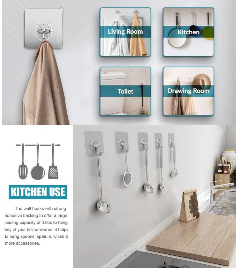 1-20 Hooks Self Adhesive Strong Sticky Heavy Duty Wall Seamless Transparent Hook