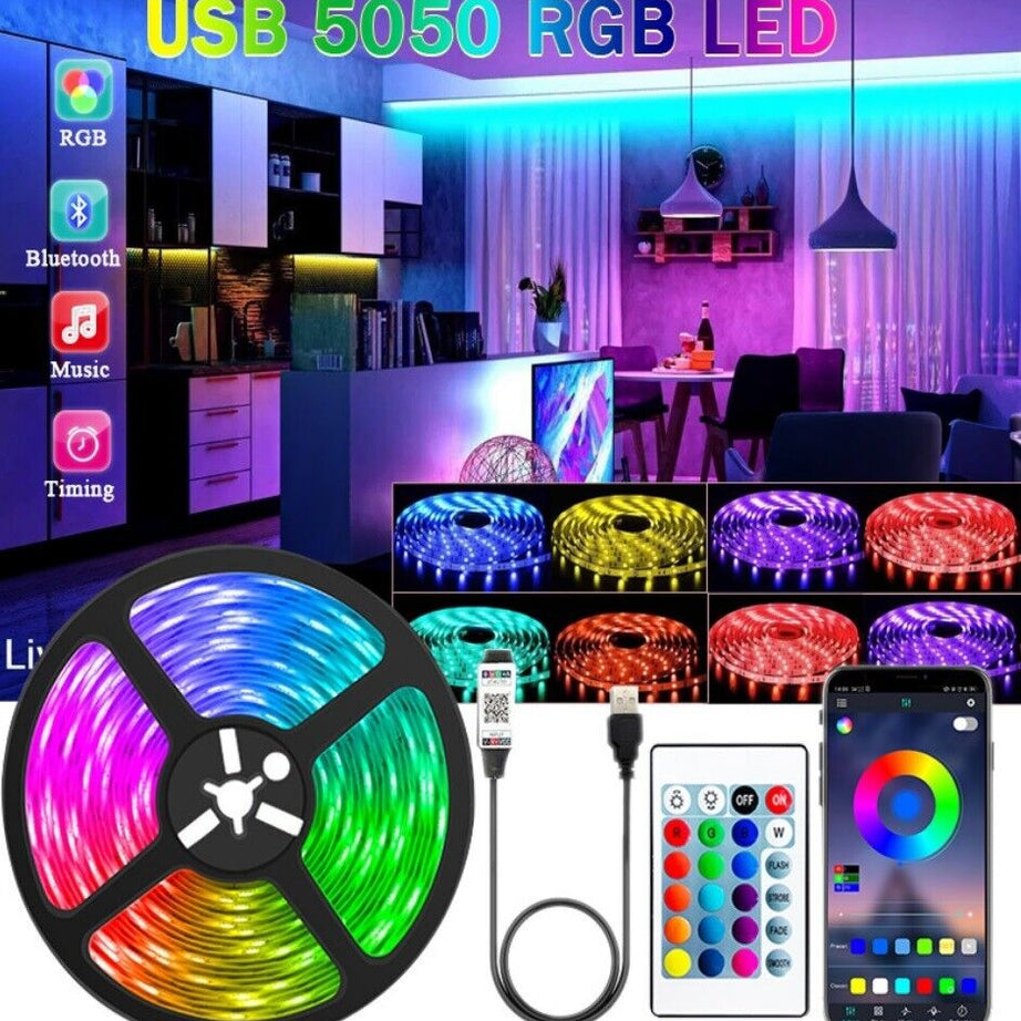 LED Strip Bluetooth APP Light RGB 5050 1- 5m Colour Changing Tape TV Kitchen