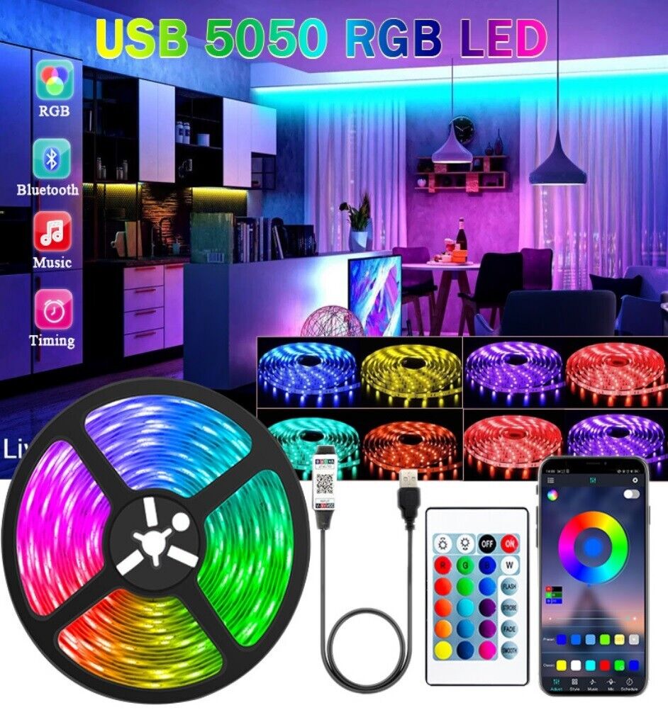 LED Strip Bluetooth APP Light RGB 5050 1- 5m Colour Changing Tape TV Kitchen