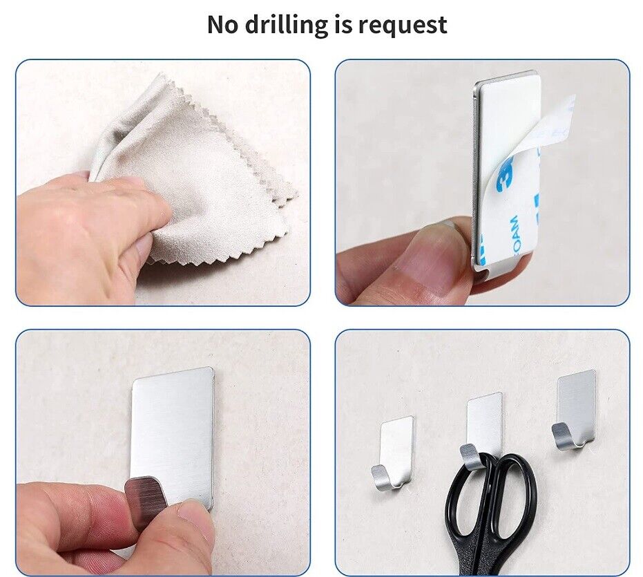 12 Coat Hooks Self Adhesive Sticky Heavy Duty Wall Seamless Stainless Steel