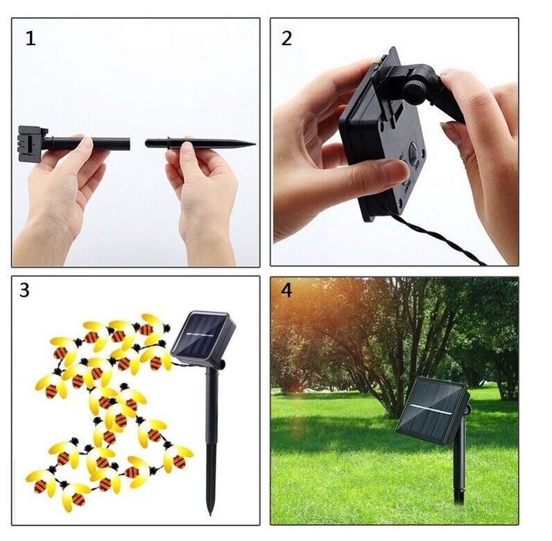 Honey Bee LED Shaped Solar Power 20 LED String Lights Garden Outdoor Waterproof