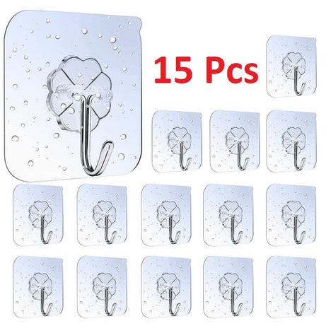 15 Hooks Self Adhesive Strong Sticky Heavy Duty Wall Seamless Transparent Hook