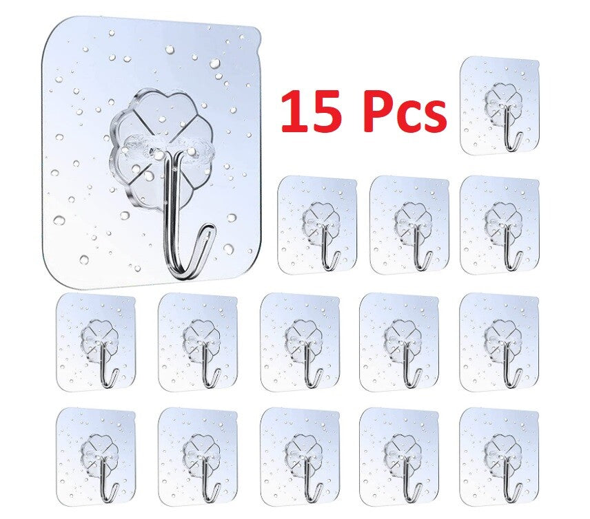 15 Hooks Self Adhesive Strong Sticky Heavy Duty Wall Seamless Transparent Hook