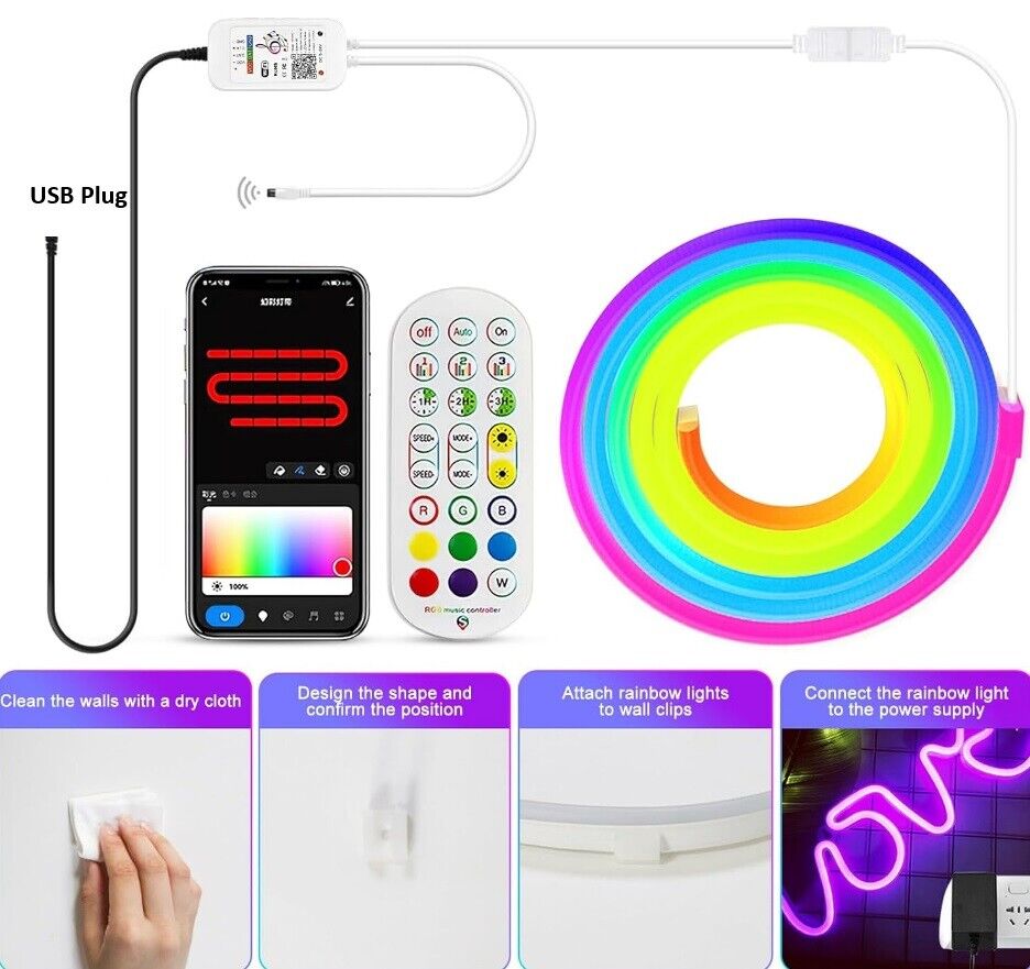 Neon LED Strip Rope Light RGB APP Remote Flexible Waterproof 3/5/10m UK Plug