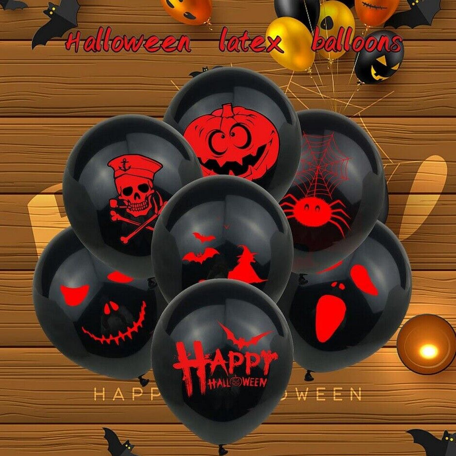 Halloween Balloons x 10 Black Orange Spooky Decorations Cobweb Pumpkin Party Fun