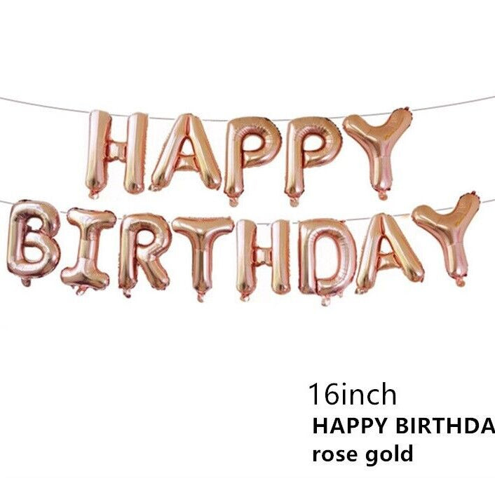 HAPPY BIRTHDAY BALLOONS ROSE GOLD AIR INFLATING BANNER BUNTING PARTY DECORATION