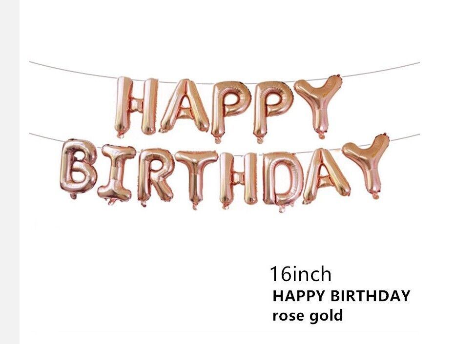 HAPPY BIRTHDAY BALLOONS ROSE GOLD AIR INFLATING BANNER BUNTING PARTY DECORATION