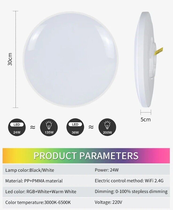 Smart LED Ceiling Light Lamp Colour Changing 30W Alexa Google Bluetooth WIFI RGB