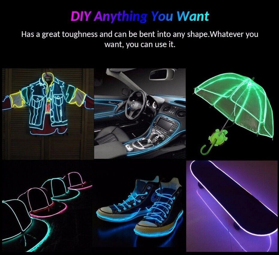 Car LED Strip Neon Rope EL Wire Flexible String Glow Light 5m DIY Lighting USB