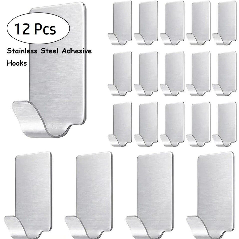 12 Coat Hooks Self Adhesive Sticky Heavy Duty Wall Seamless Stainless Steel