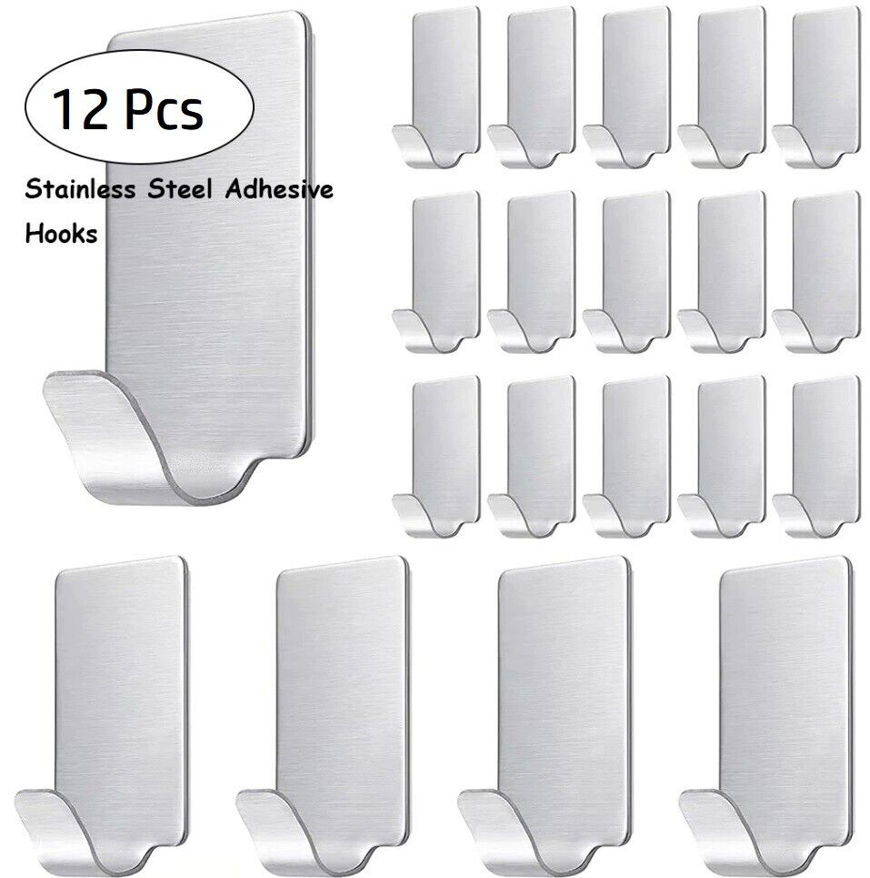 12 Coat Hooks Self Adhesive Sticky Heavy Duty Wall Seamless Stainless Steel