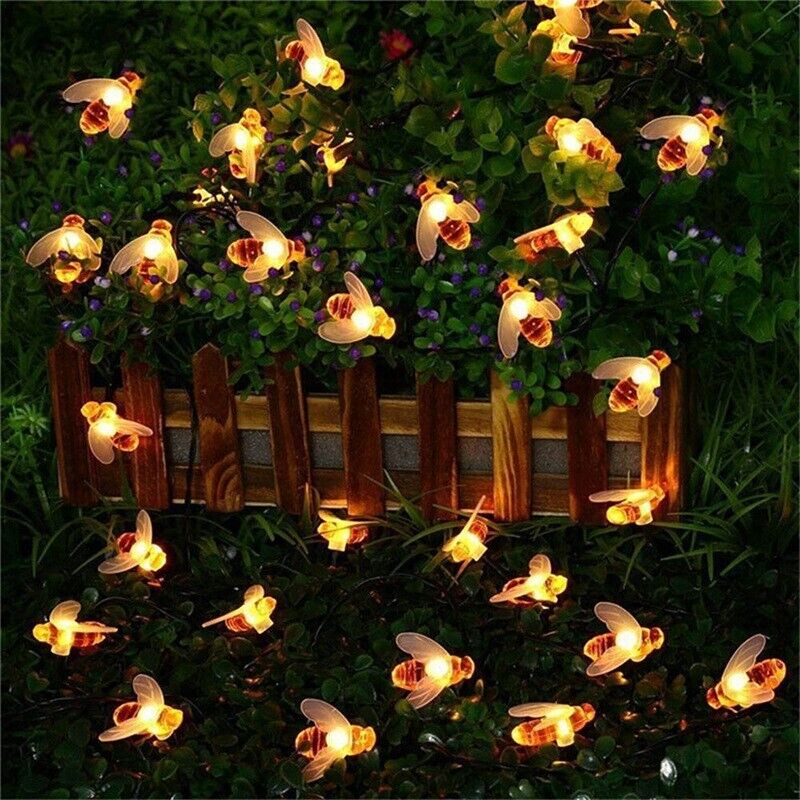 Honey Bee LED Shaped Solar Power 20 LED String Lights Garden Outdoor Waterproof