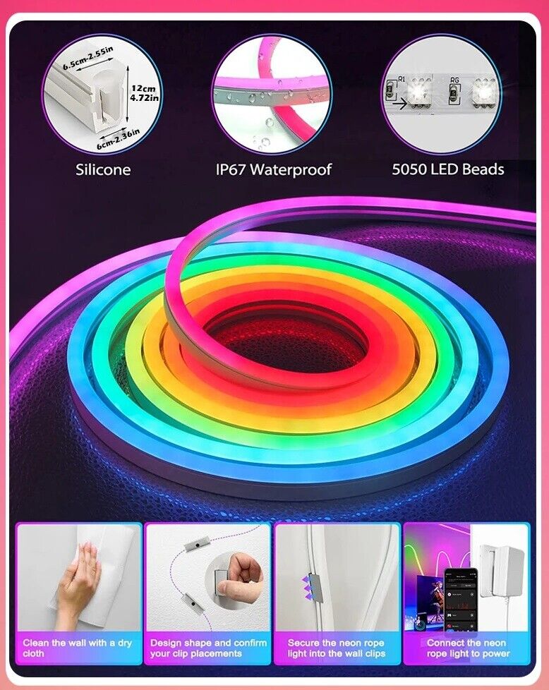 Neon LED Strip Rope Light RGB APP Remote Flexible Waterproof 3/5/10m UK Plug