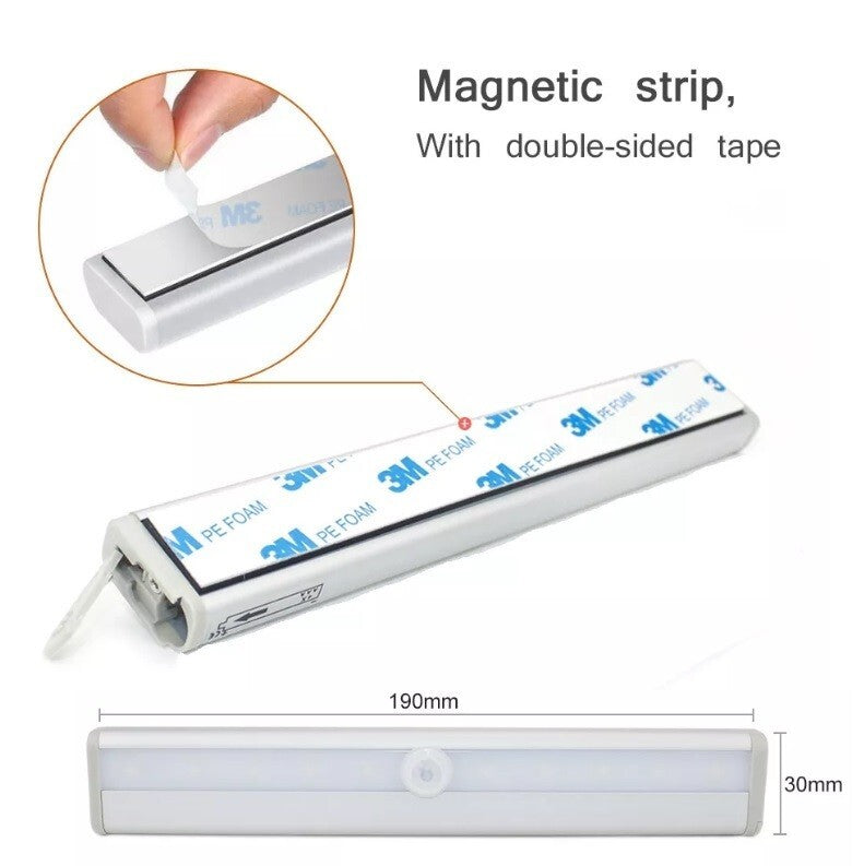 Battery 10LED PIR Motion Sensor Light Strip Cabinet Closet Lamp Sensor Wardrobe
