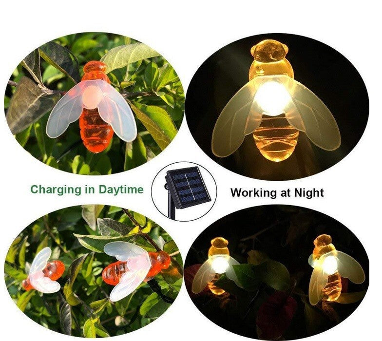 Honey Bee LED Shaped Solar Power 20 LED String Lights Garden Outdoor Waterproof