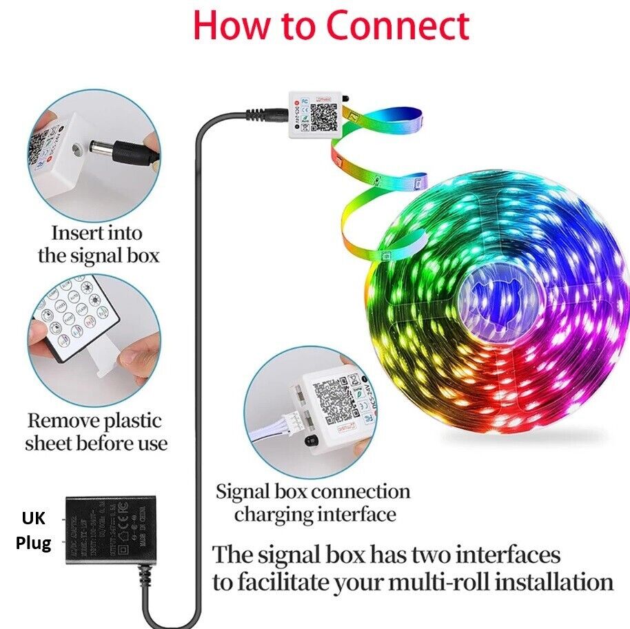 LED Strip APP Bluetooth 5050 RGB Lights 10/20m Colour Changing Tape Cabinet Kitchen TV UK