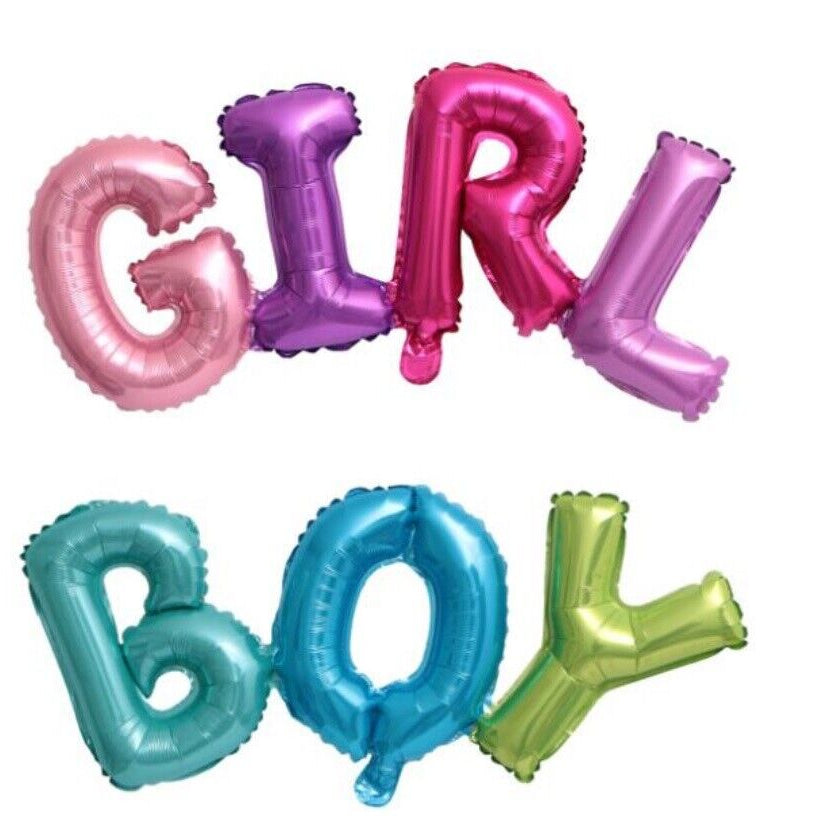 BOY GIRL Balloons Connected Letters Word Foil Baby Shower Fun Gender Reveal UK