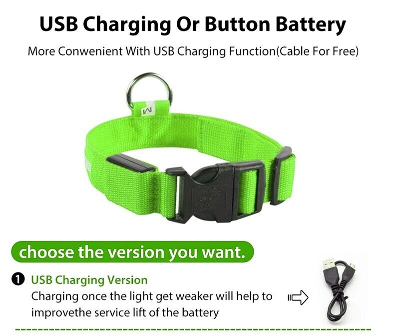 Pet Dog LED Collar Adjustable USB Rechargeable  Flashing Luminous Safe Night UK