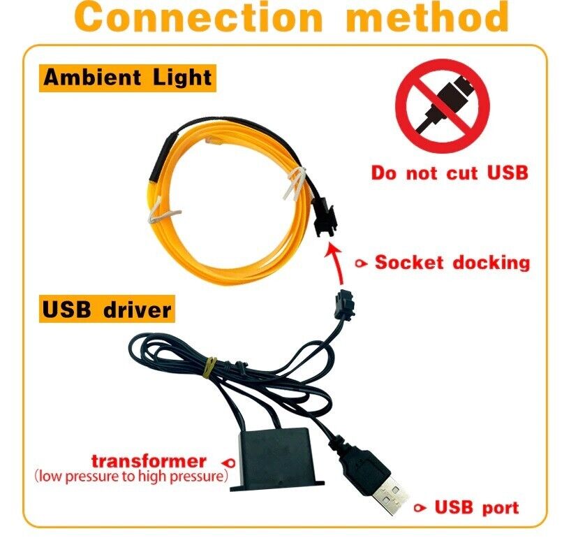 Car LED Strip Neon Rope EL Wire Flexible String Glow Light 5m DIY Lighting USB