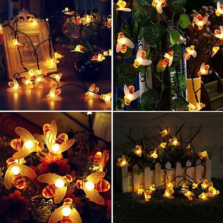 Honey Bee LED Shaped Solar Power 20 LED String Lights Garden Outdoor Waterproof