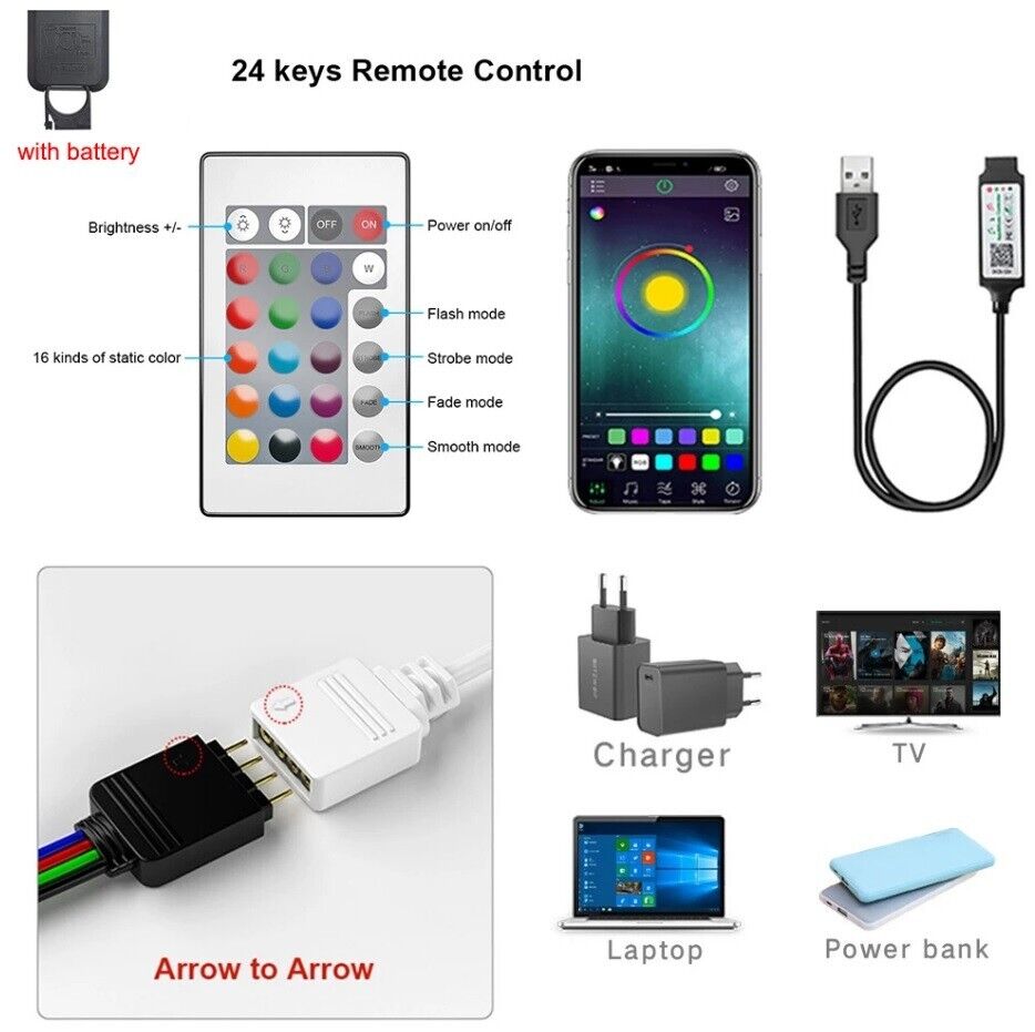LED Strip Bluetooth APP Light RGB 5050 1- 5m Colour Changing Tape TV Kitchen