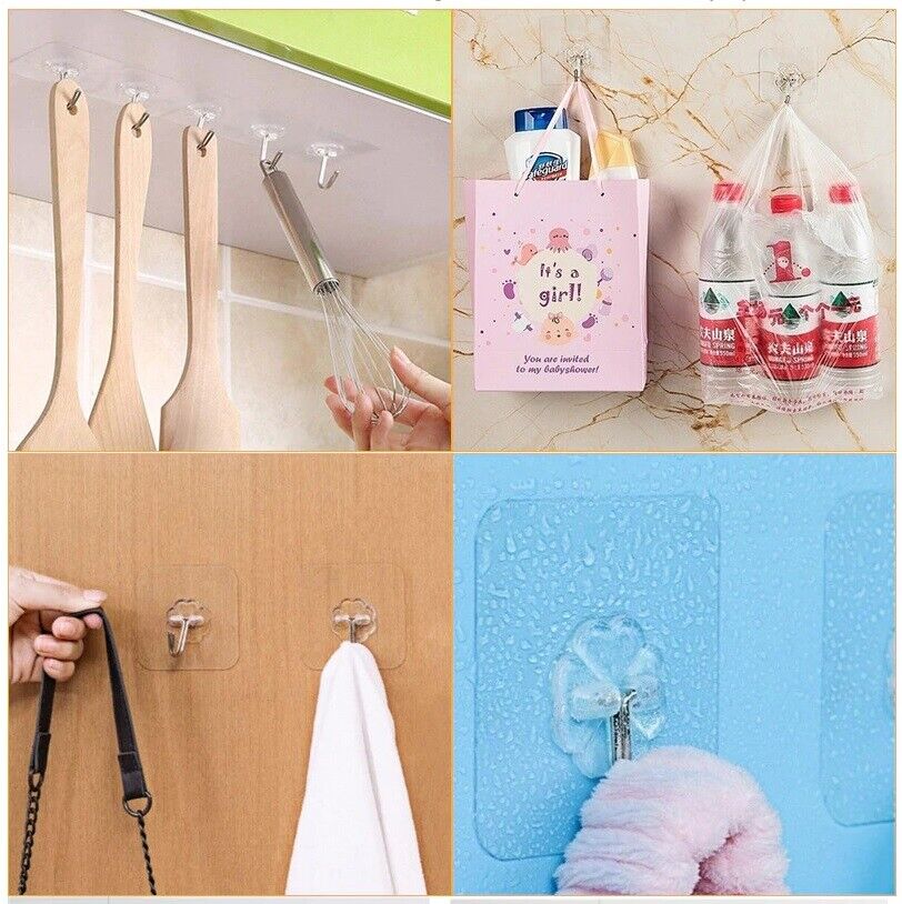 1-20 Hooks Self Adhesive Strong Sticky Heavy Duty Wall Seamless Transparent Hook