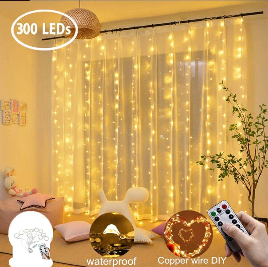 Curtain LED Lights 300 USB Window Fairy Remote Wire Warm White Wedding Xmas New