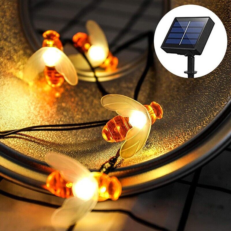 Honey Bee LED Shaped Solar Power 20 LED String Lights Garden Outdoor Waterproof