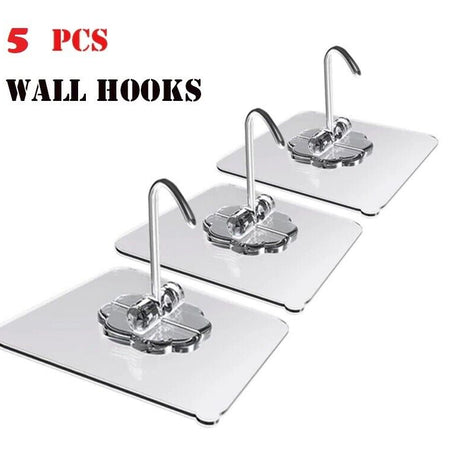 5 Hooks Self Adhesive Strong Sticky Heavy Duty Wall Seamless Transparent Hook