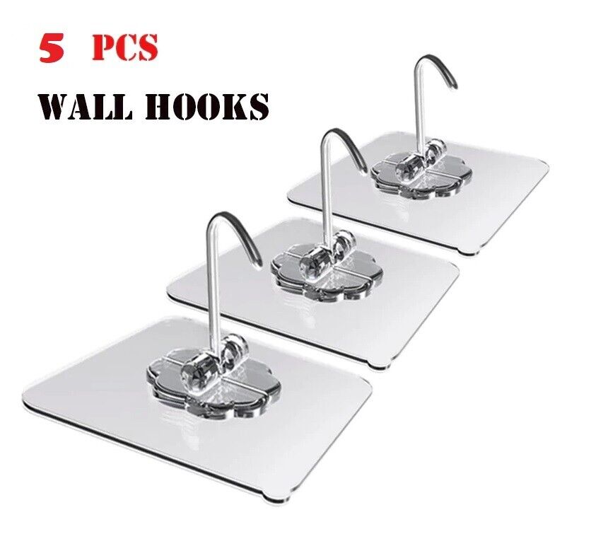 5 Hooks Self Adhesive Strong Sticky Heavy Duty Wall Seamless Transparent Hook