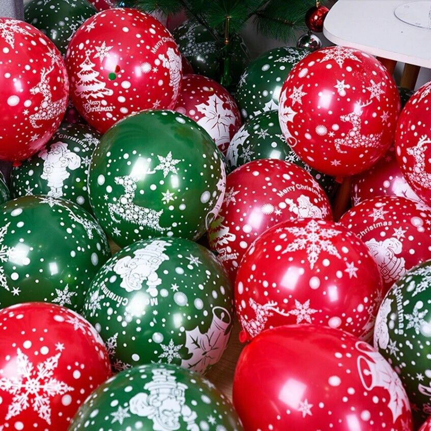 Merry Christmas Balloons x 10 Helium 12” Xmas Red Green Party Decoration Deer UK